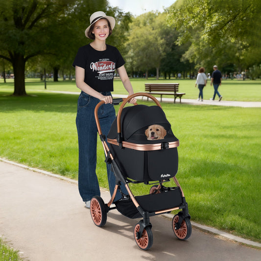3-in-1 Foldable Pet Stroller with Sun Shade and Safety Belt for up to 55 lbs Small Medium Dogs Cats-Black - Tampa Home & Garden Store