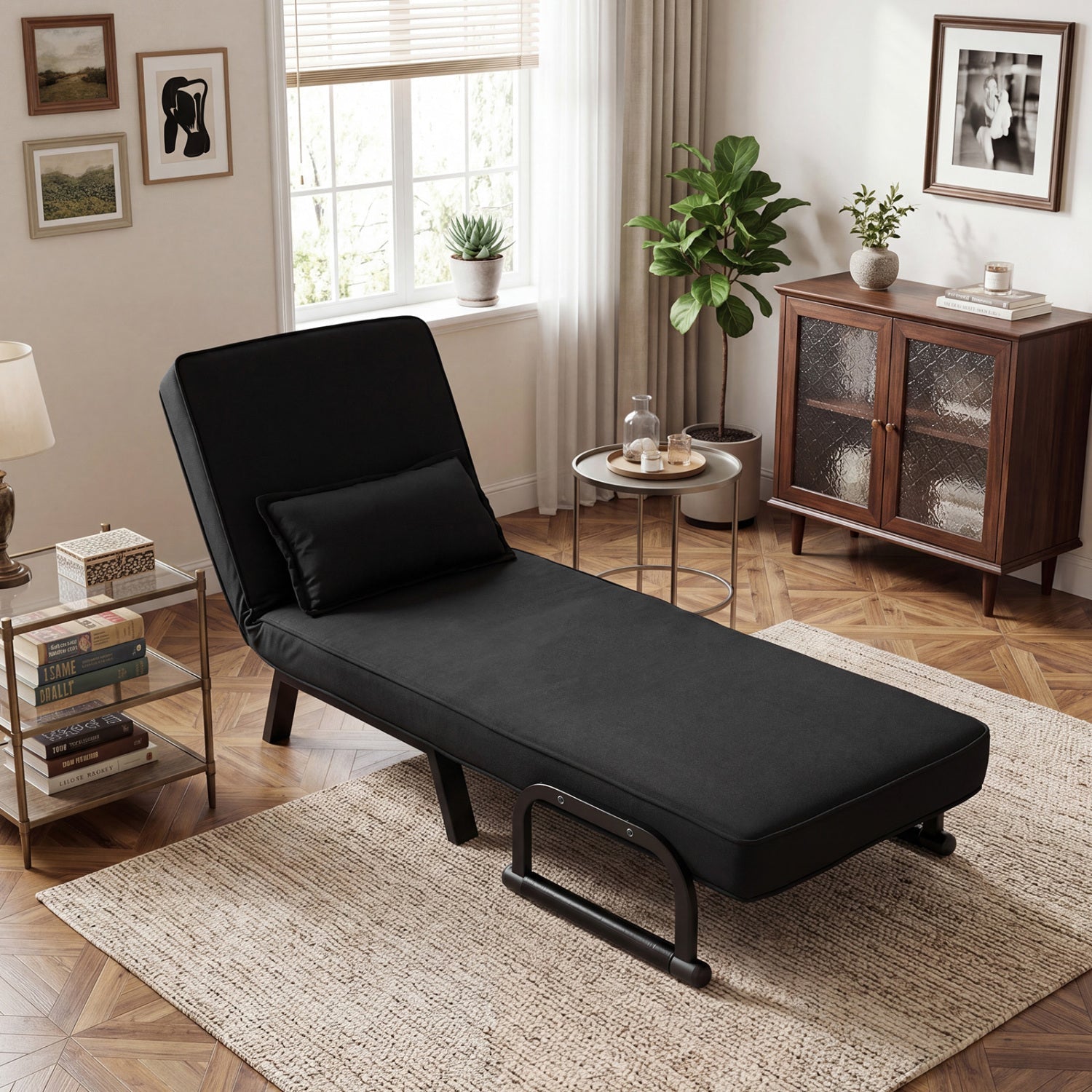 3-in-1 folding sofa bed with adjustable backrest, black fabric upholstery in a cozy living room on Tampa Home & Garden Store