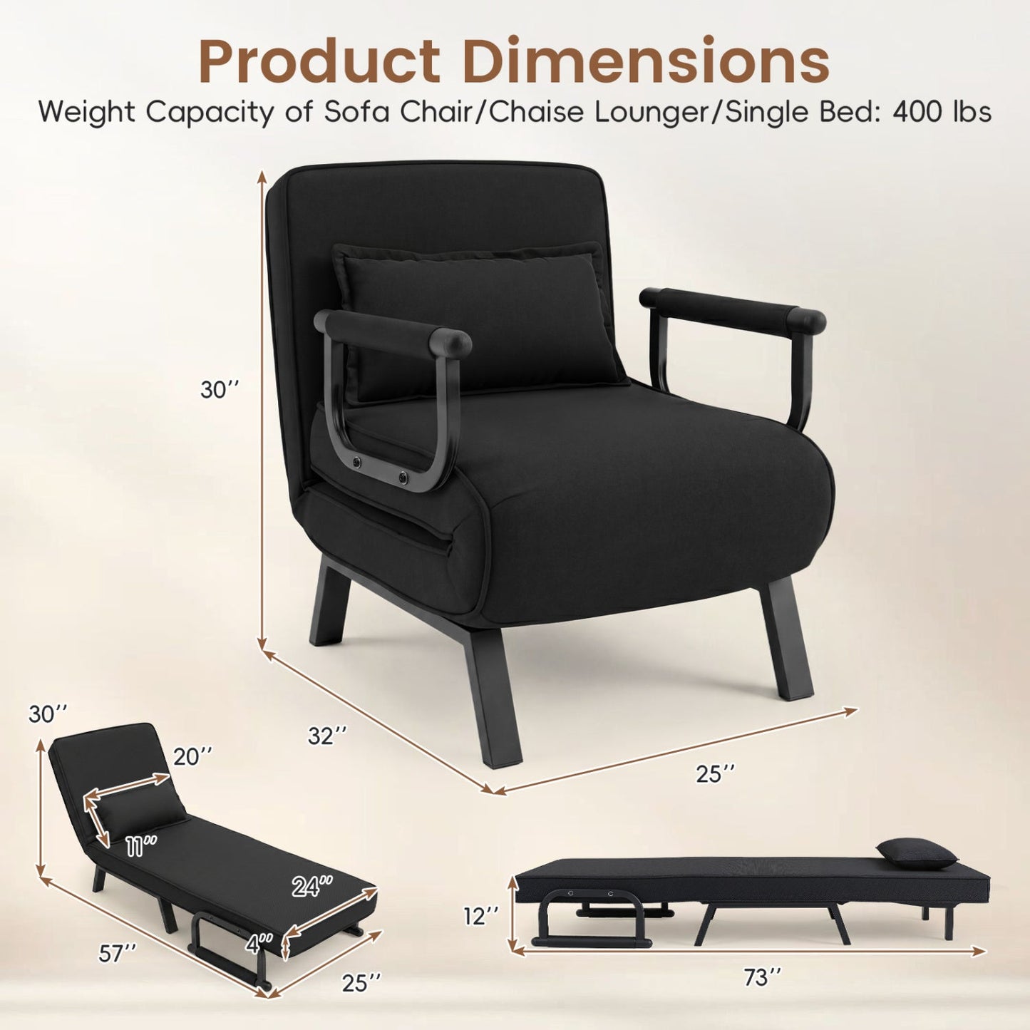 3-in-1 Folding Sofa Bed with Adjustable Backrest by DirectDeals, black upholstery on Tampa Home & Garden Store