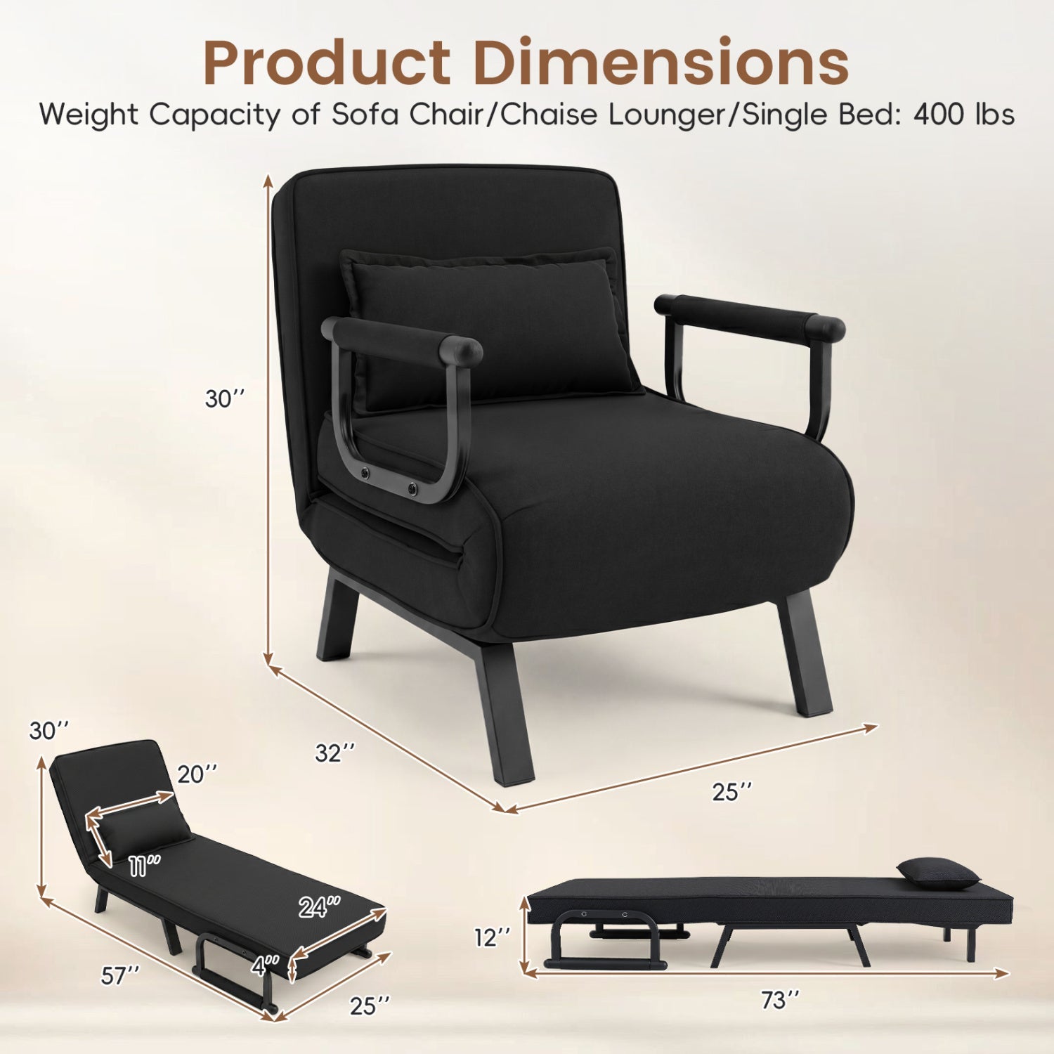 3-in-1 Folding Sofa Bed with Adjustable Backrest by DirectDeals, black upholstery on Tampa Home & Garden Store