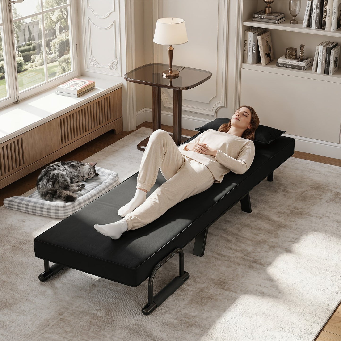 3-in-1 Folding Sofa Bed with Adjustable Backrest, black upholstery; woman relaxing, cat nearby on Tampa Home & Garden Store