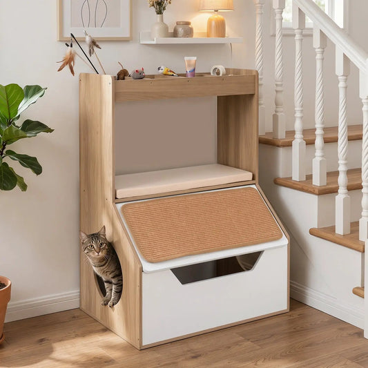 Hidden Cat Litter Box Cabinet with Scratching Pad