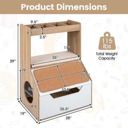 Hidden Cat Litter Box Cabinet with Scratching Pad