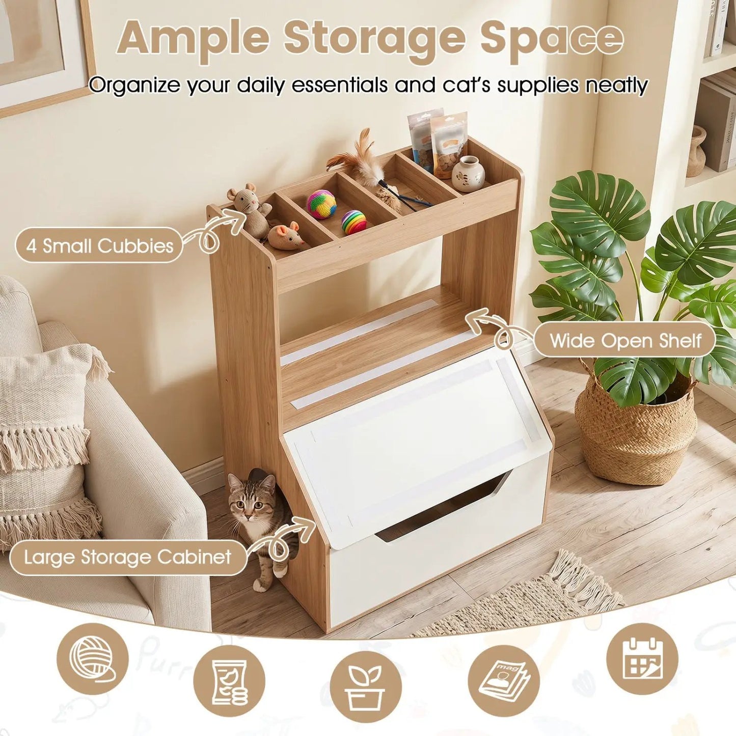Hidden Cat Litter Box Cabinet with Scratching Pad