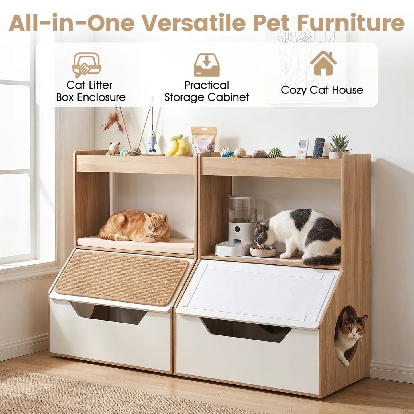 Hidden Cat Litter Box Cabinet with Scratching Pad