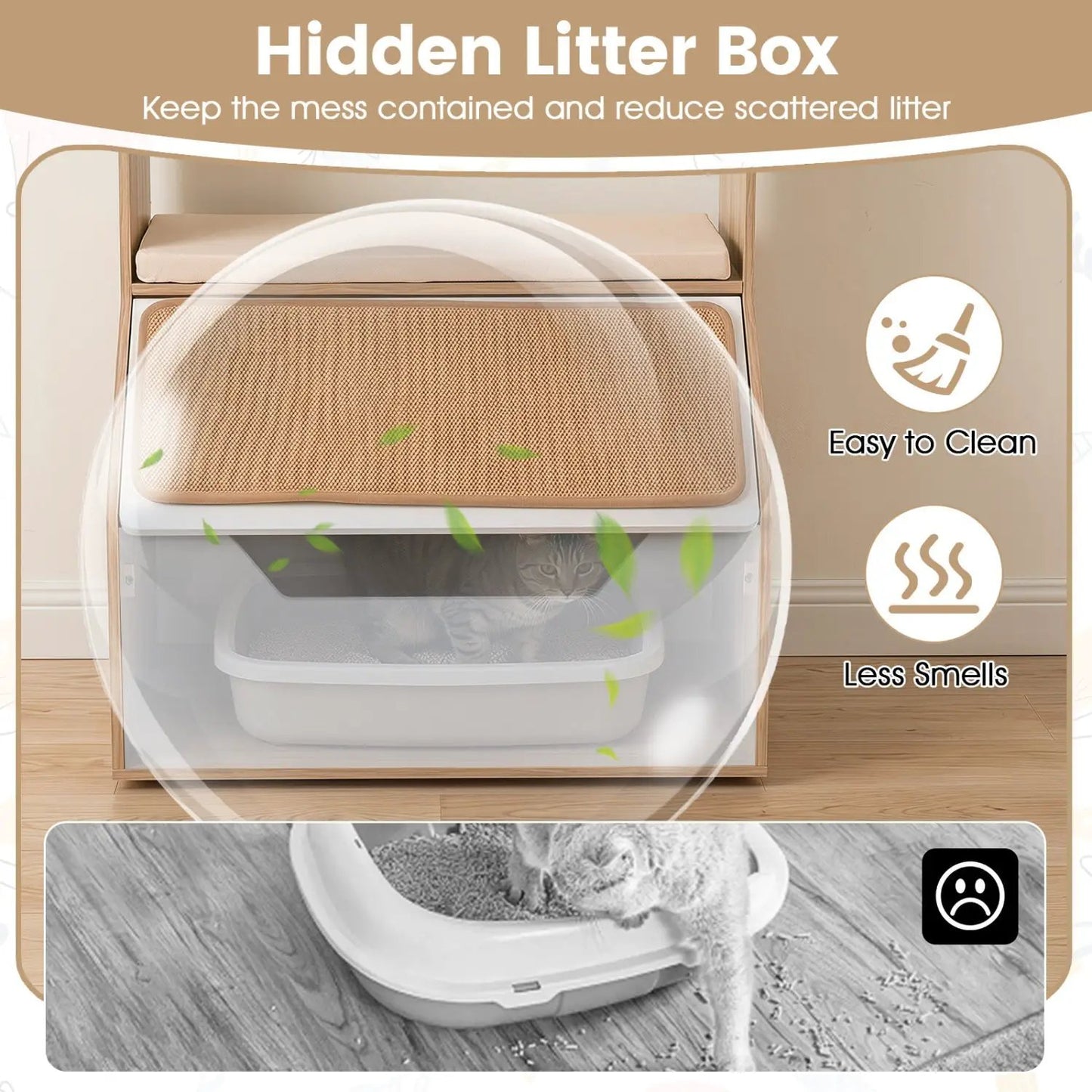 Hidden Cat Litter Box Cabinet with Scratching Pad