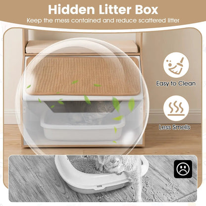 Hidden Cat Litter Box Cabinet with Scratching Pad