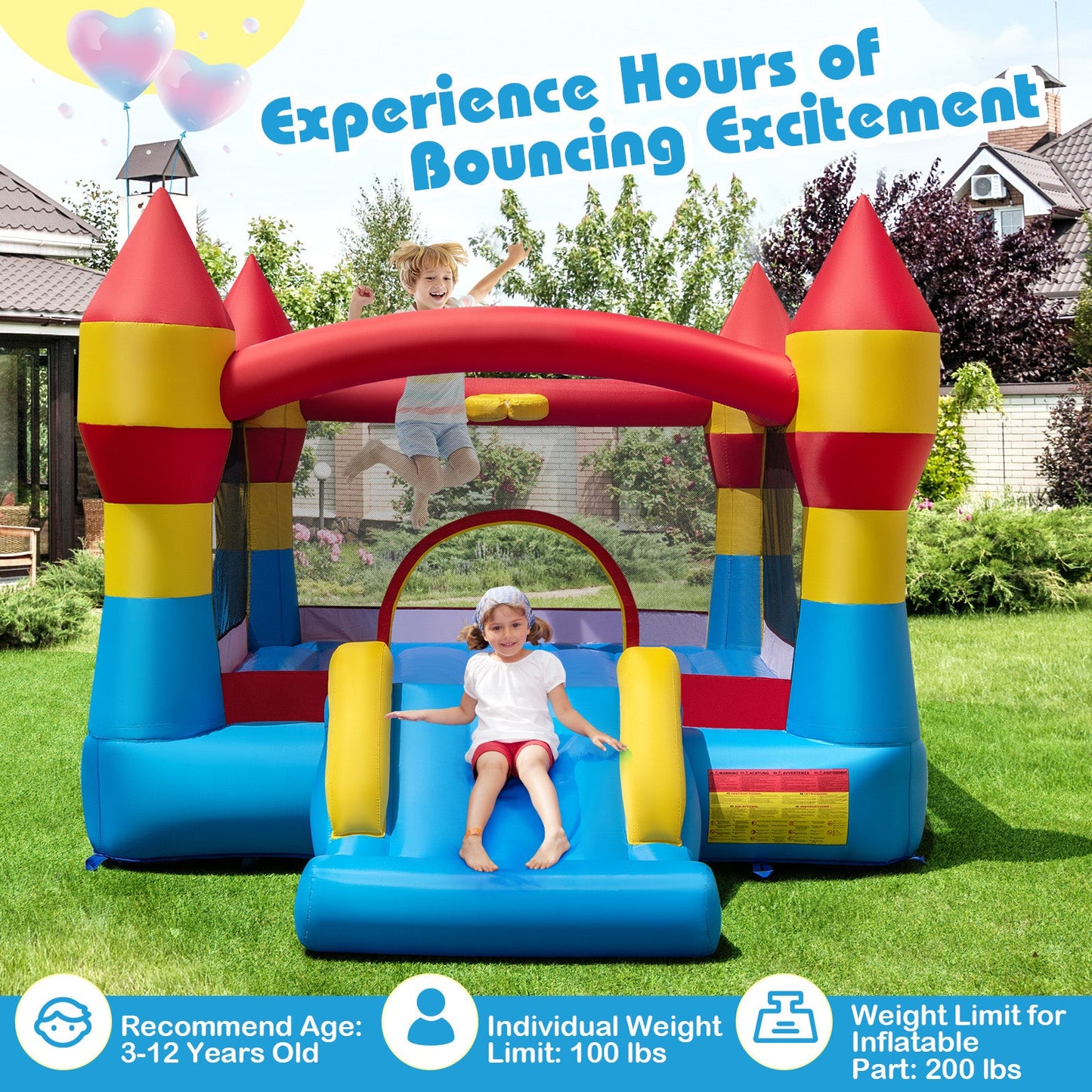3-in-1 Kids Bouncer with Slide Large Jumping Area and Basketball Hoop without Blower
