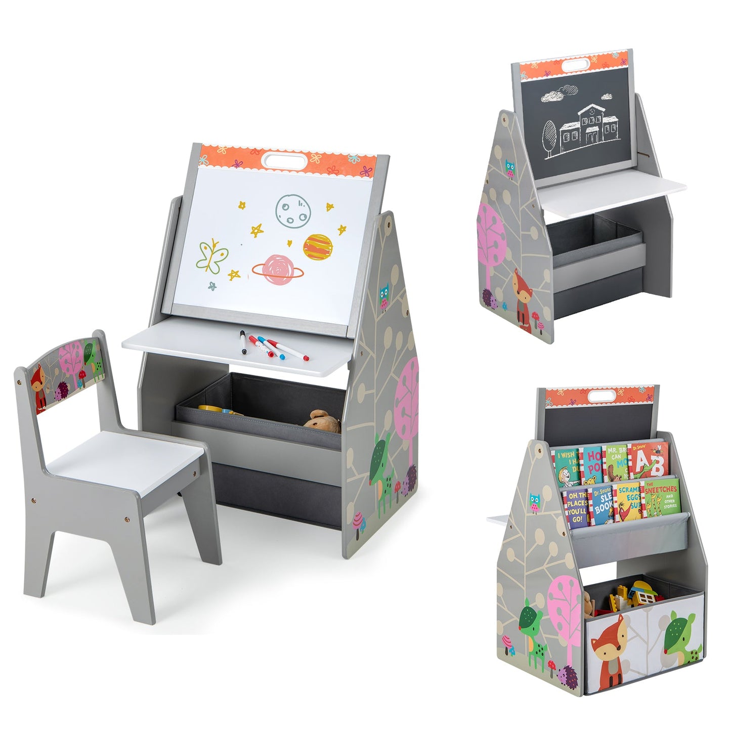3 in 1 Kids Easel and Play Station Convertible with Chair and Storage Bins