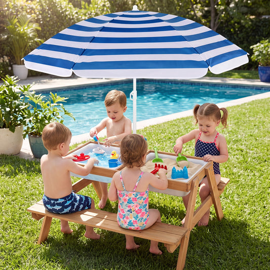 Kids Outdoor Picnic Water Sand Table with Umbrella blue white striped canopy 4 kids on Tampa Home & Garden Store
