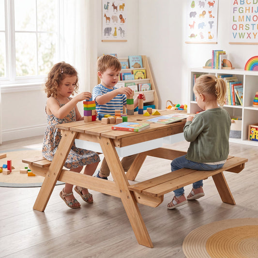 Kids Table & Chair Set in natural wood finish, three children stacking colorful blocks on Tampa Home & Garden Store