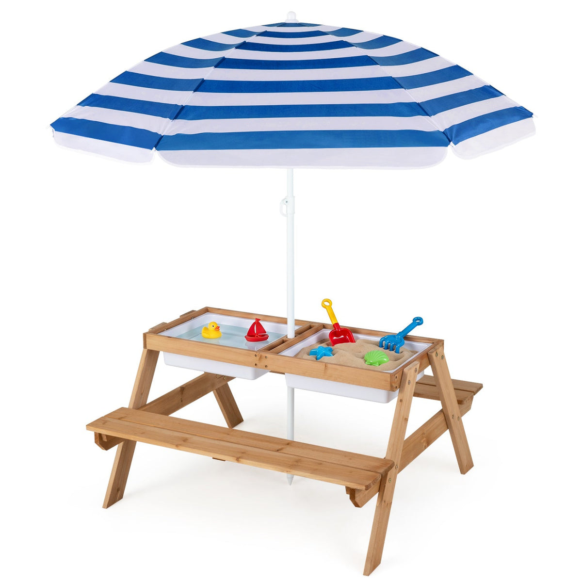 DirectDeals Kids outdoor water sand table with umbrella, wooden frame, blue striped canopy on Tampa Home & Garden Store