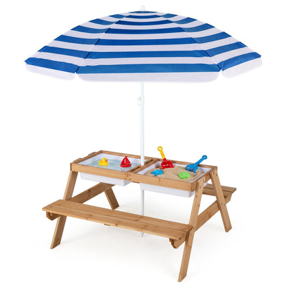 DirectDeals Kids outdoor water sand table with umbrella, wooden frame, blue striped canopy on Tampa Home & Garden Store