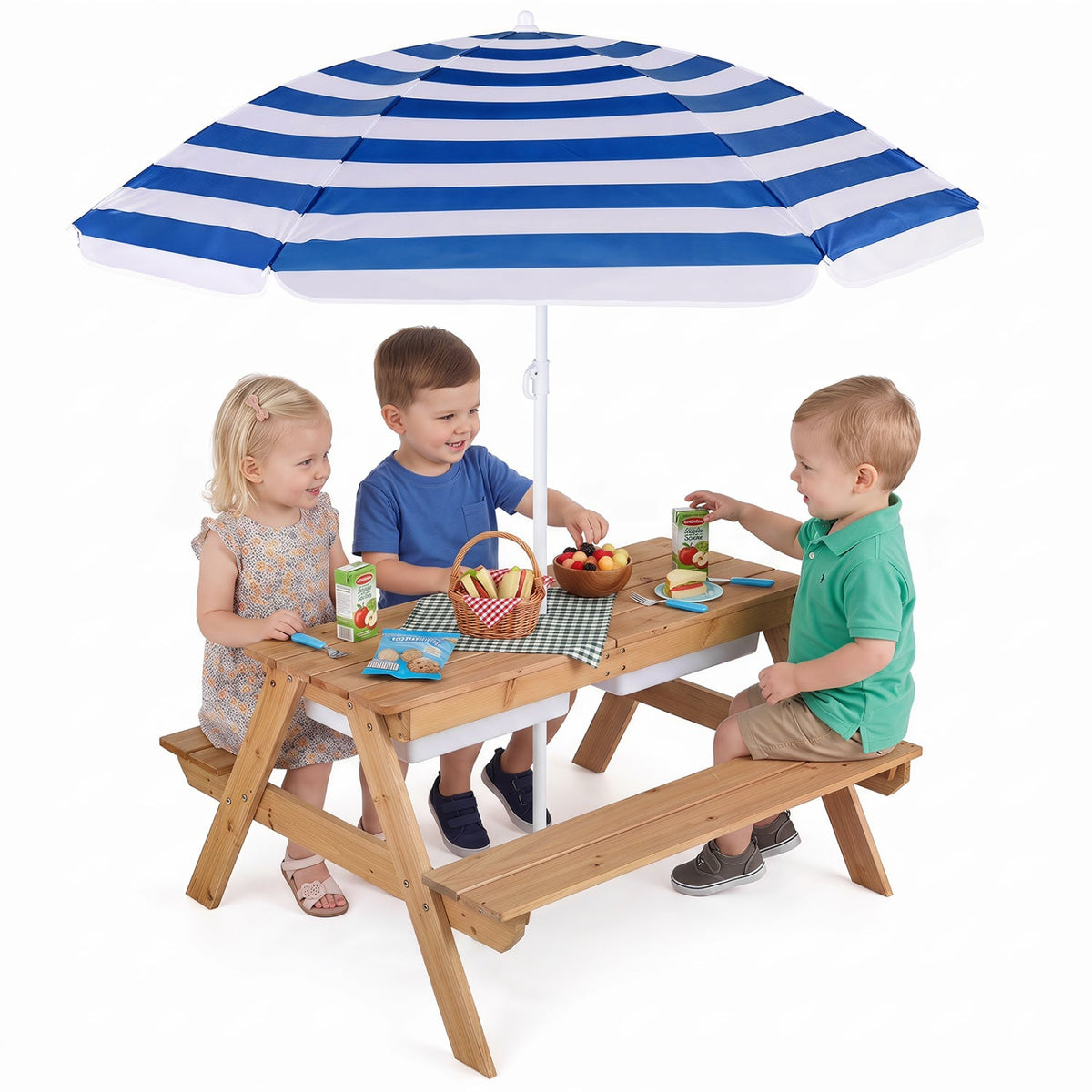 Kids Outdoor Picnic Water Sand Table with Umbrella on a wooden picnic table with three kids on Tampa Home & Garden Store