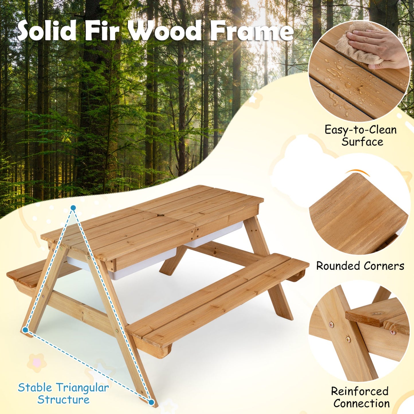 Kids outdoor picnic water sand table with umbrella in solid fir wood frame triangular structure on Tampa Home & Garden Store