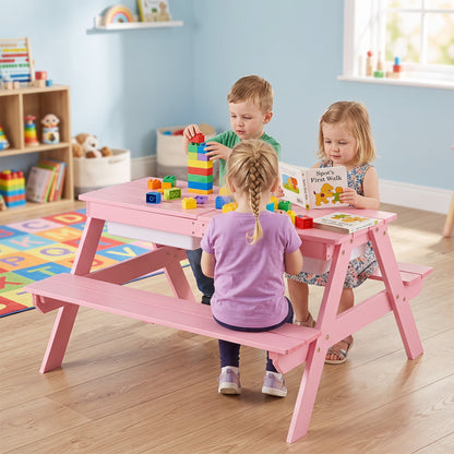 DirectDeals pink wooden kids table and bench set with three children building colorful blocks on Tampa Home & Garden Store