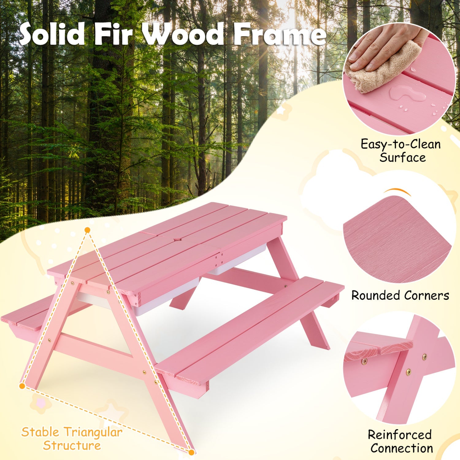 Pink kids outdoor picnic table set with solid fir wood frame and rounded corners DirectDeals on Tampa Home & Garden Store