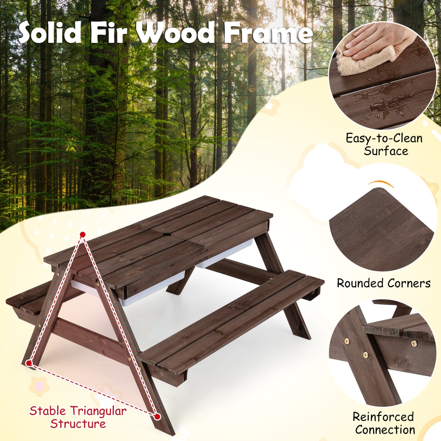 Kids outdoor picnic table set in solid fir wood with triangular stable frame by DirectDeals on Tampa Home & Garden Store