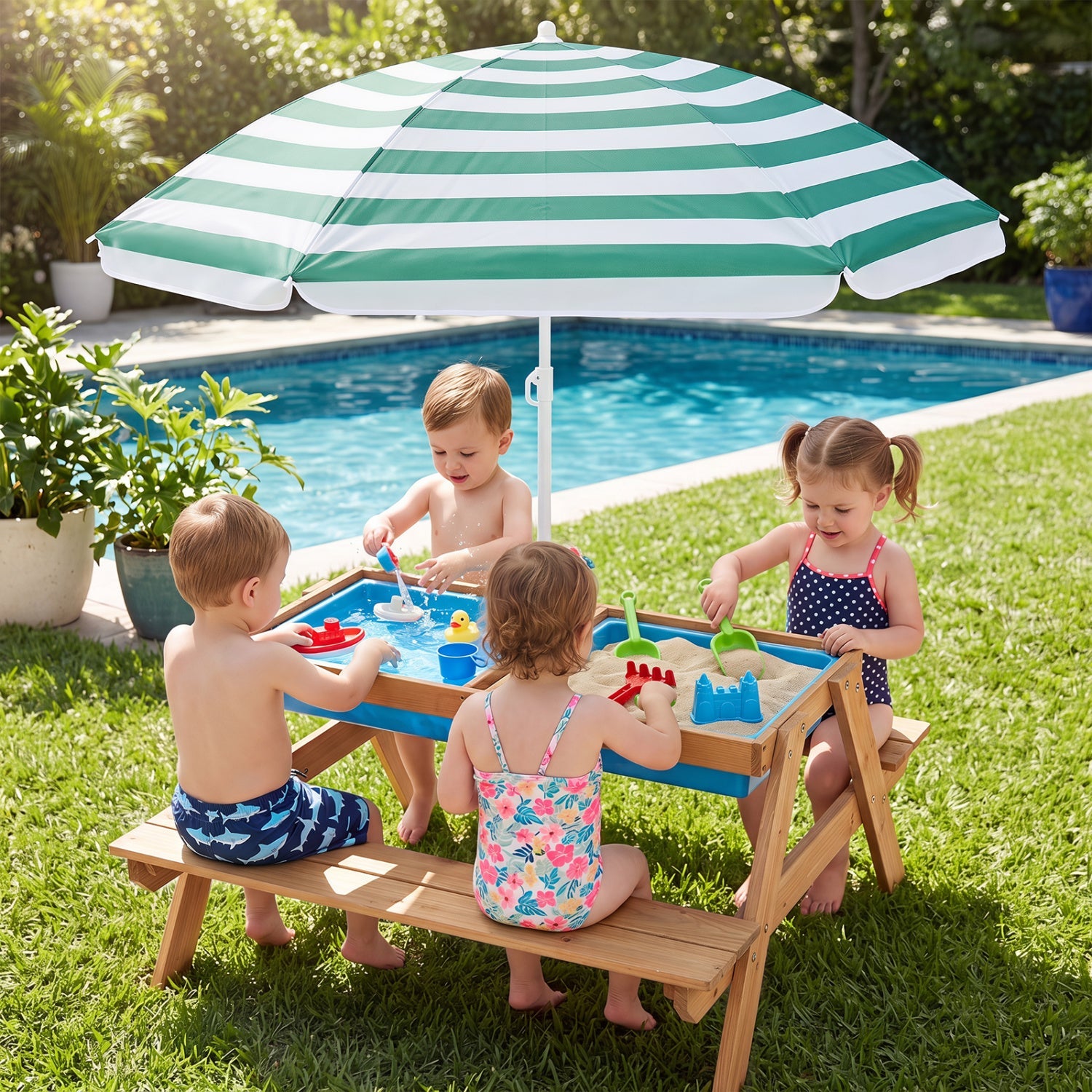 Kids Outdoor Picnic Water Sand Table with Umbrella by DirectDeals; green striped canopy, 4 kids on Tampa Home & Garden Store