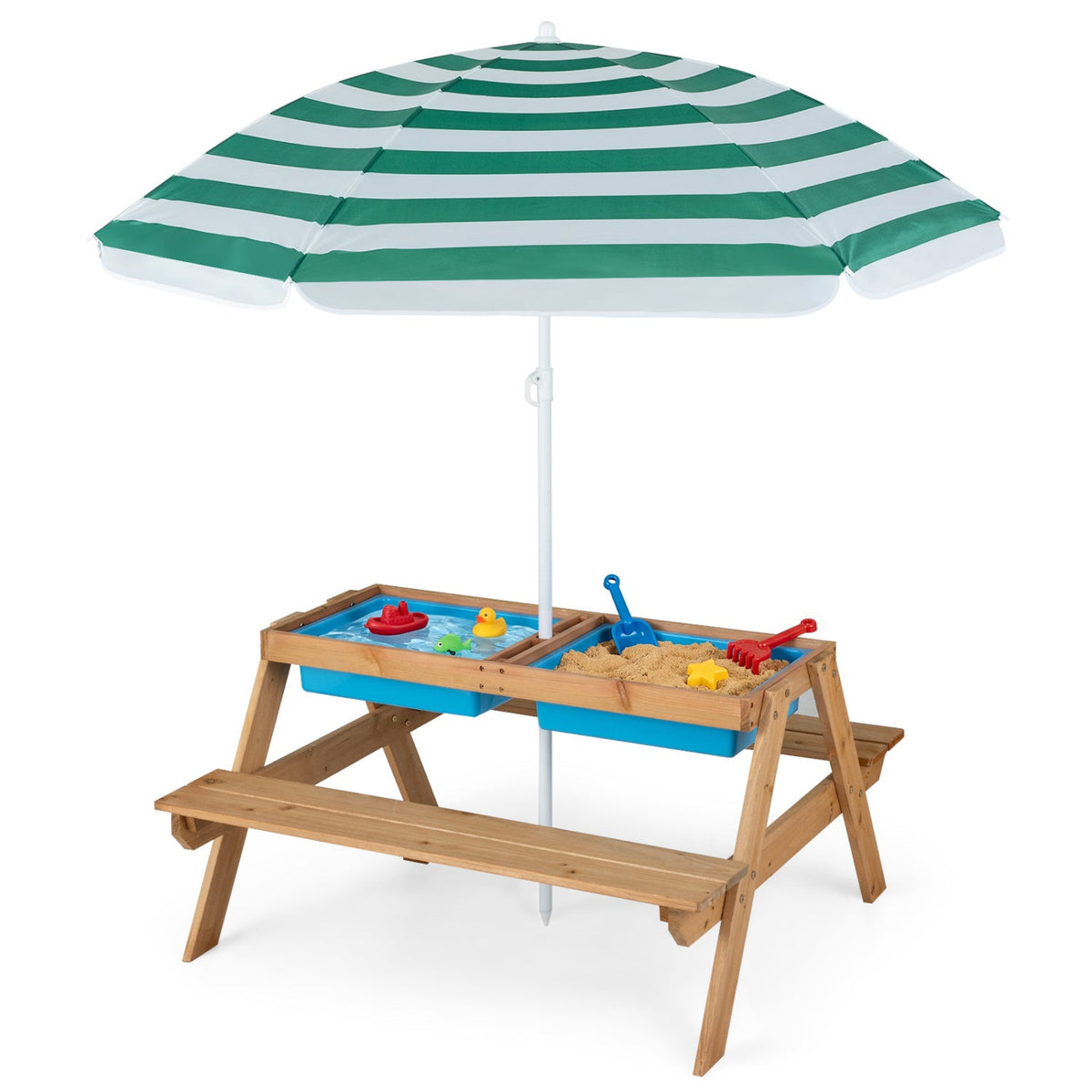 Kids Outdoor Water Sand Table with Umbrella on wooden table; blue trays, green canopy on Tampa Home & Garden Store