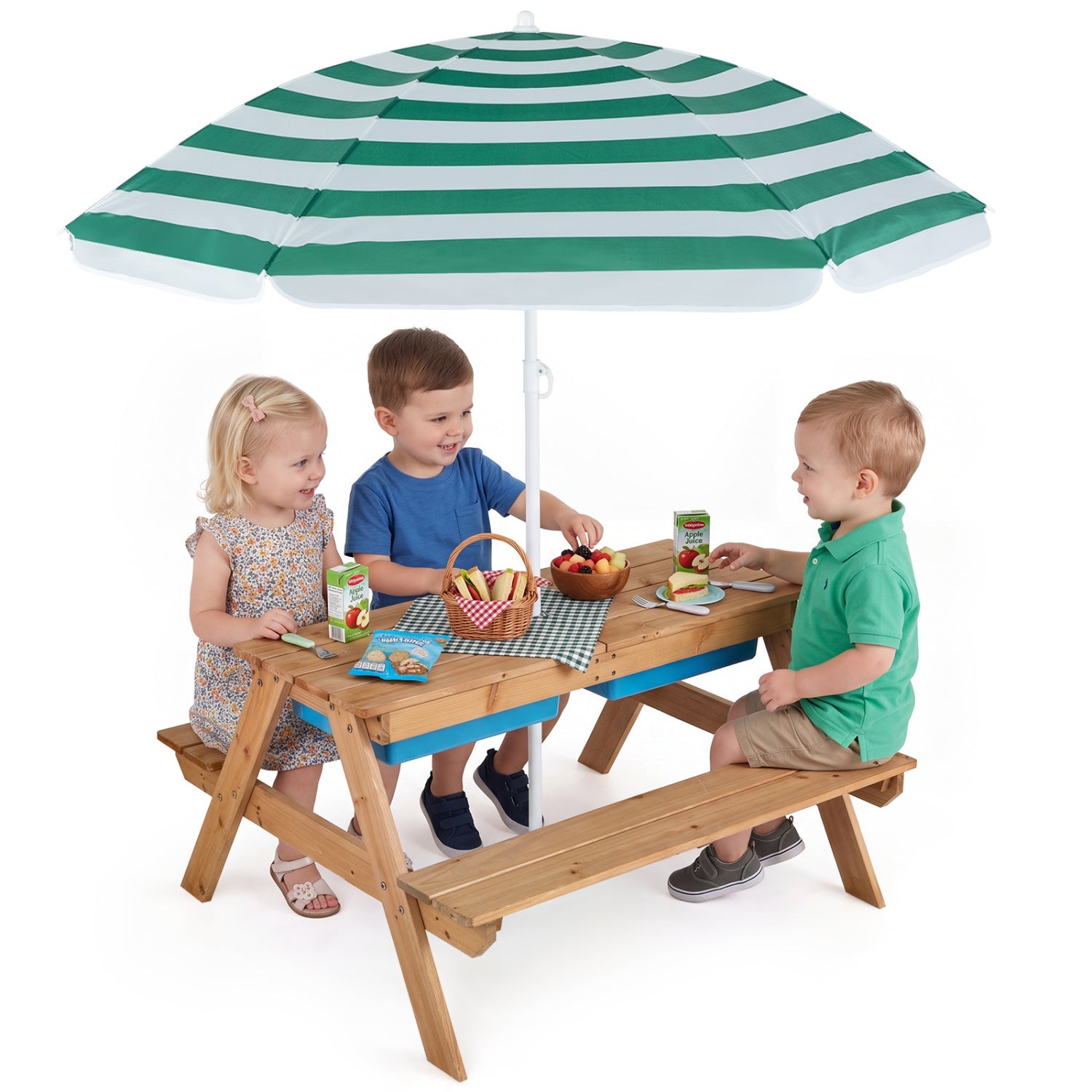 Kids outdoor wooden picnic table and chair set DirectDeals with a green striped umbrella on Tampa Home & Garden Store