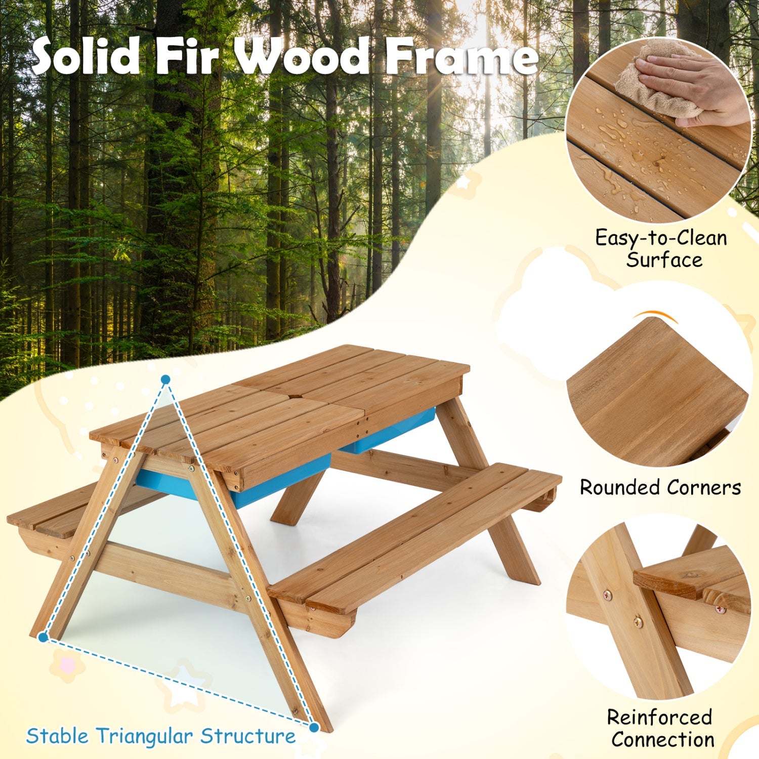 Kids outdoor picnic water sand table with fir wood frame and blue accents DirectDeals on Tampa Home & Garden Store