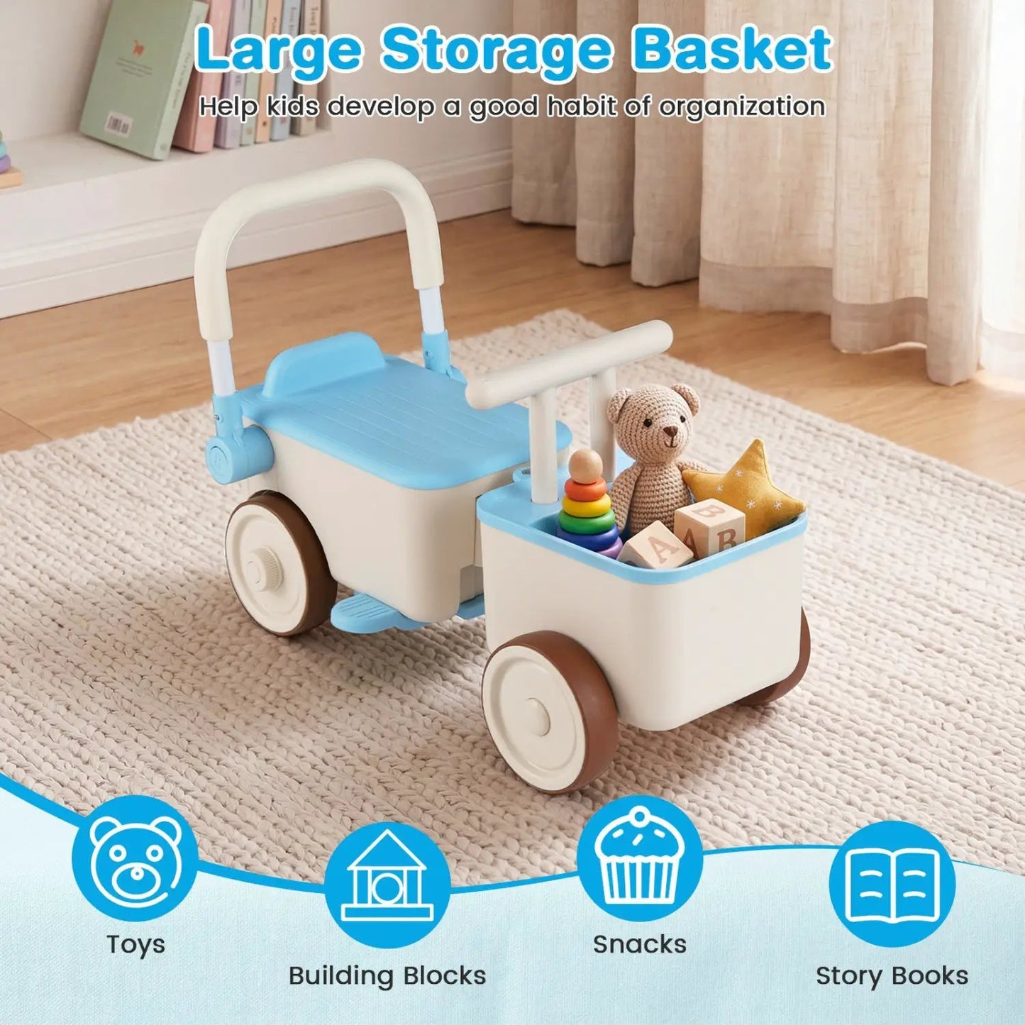 3-in-1 Kids Ride on Push Car with Rope and Basket