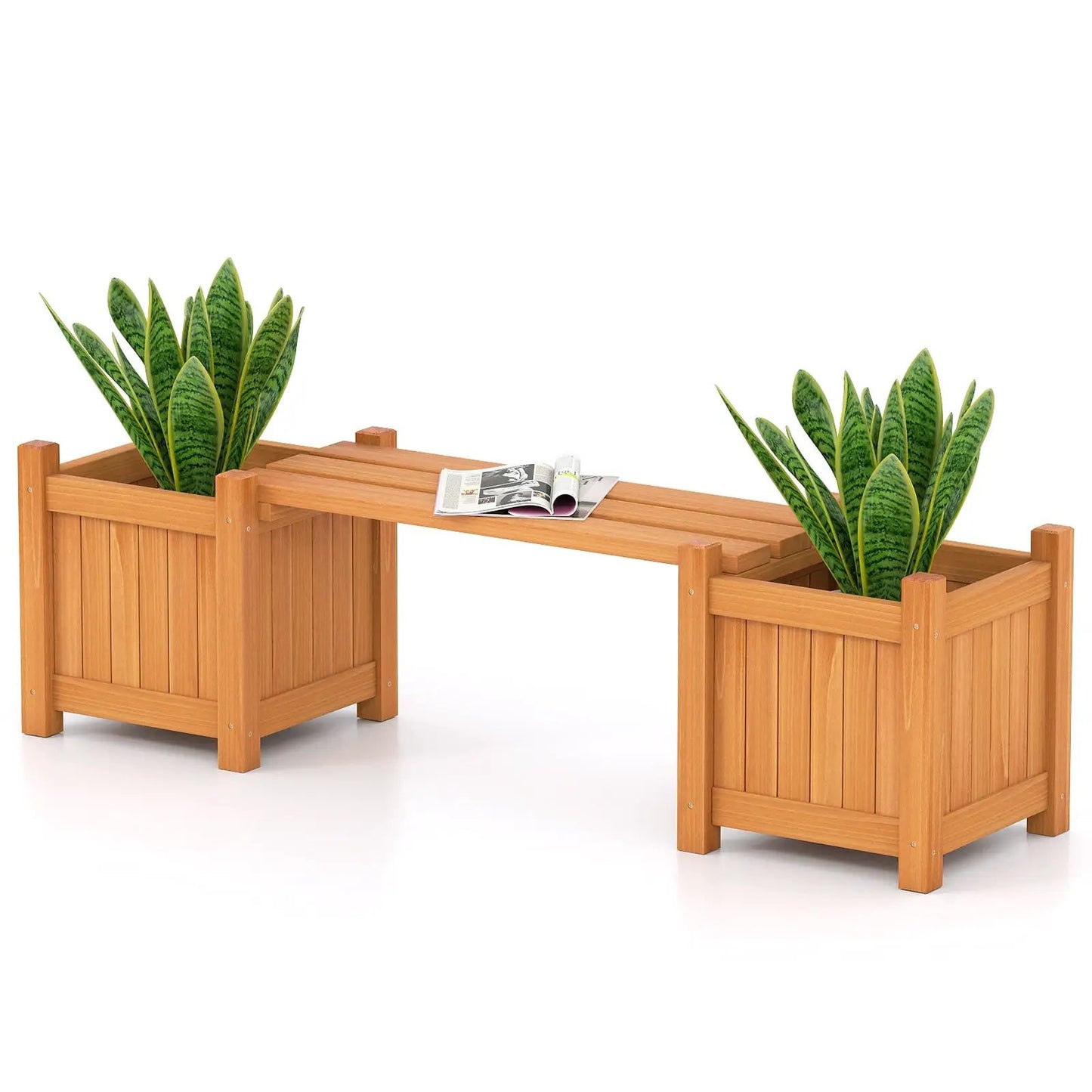 3-in-1 Outdoor Planter Box with Bench, 2-person, orange wood, 2 side beds DirectDeals on Tampa Home & Garden Store