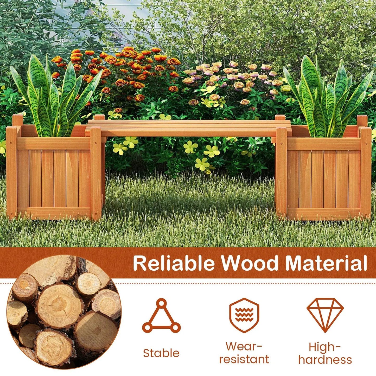 3-in-1 outdoor planter box with bench orange wood, two side garden beds on Tampa Home & Garden Store