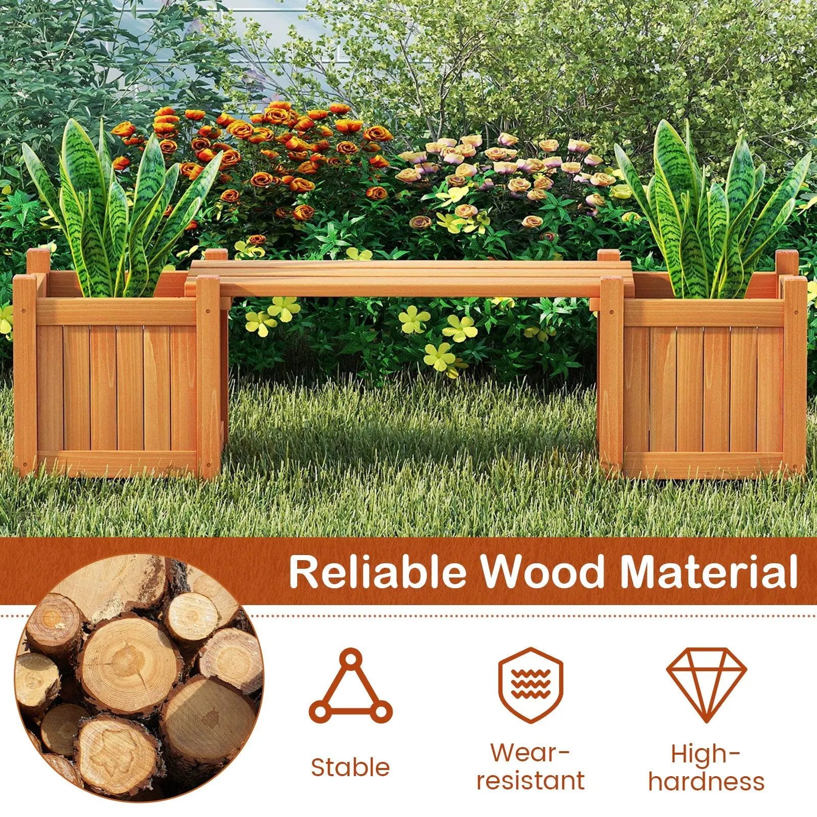 3-in-1 outdoor planter box with bench orange wood, two side garden beds on Tampa Home & Garden Store