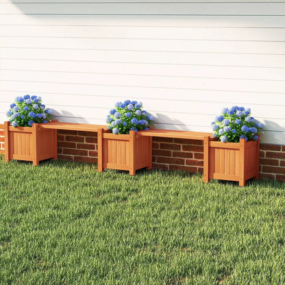 Three orange 3-in-1 planter boxes form a bench with side beds, blue hydrangeas on Tampa Home & Garden Store