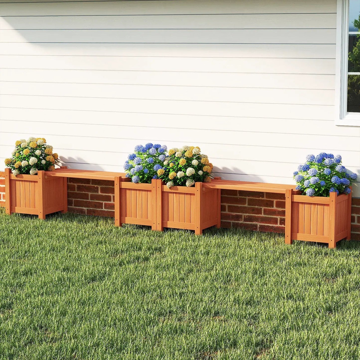 3-in-1 outdoor planter bench with two side beds in orange wood three planters DirectDeals on Tampa Home & Garden Store