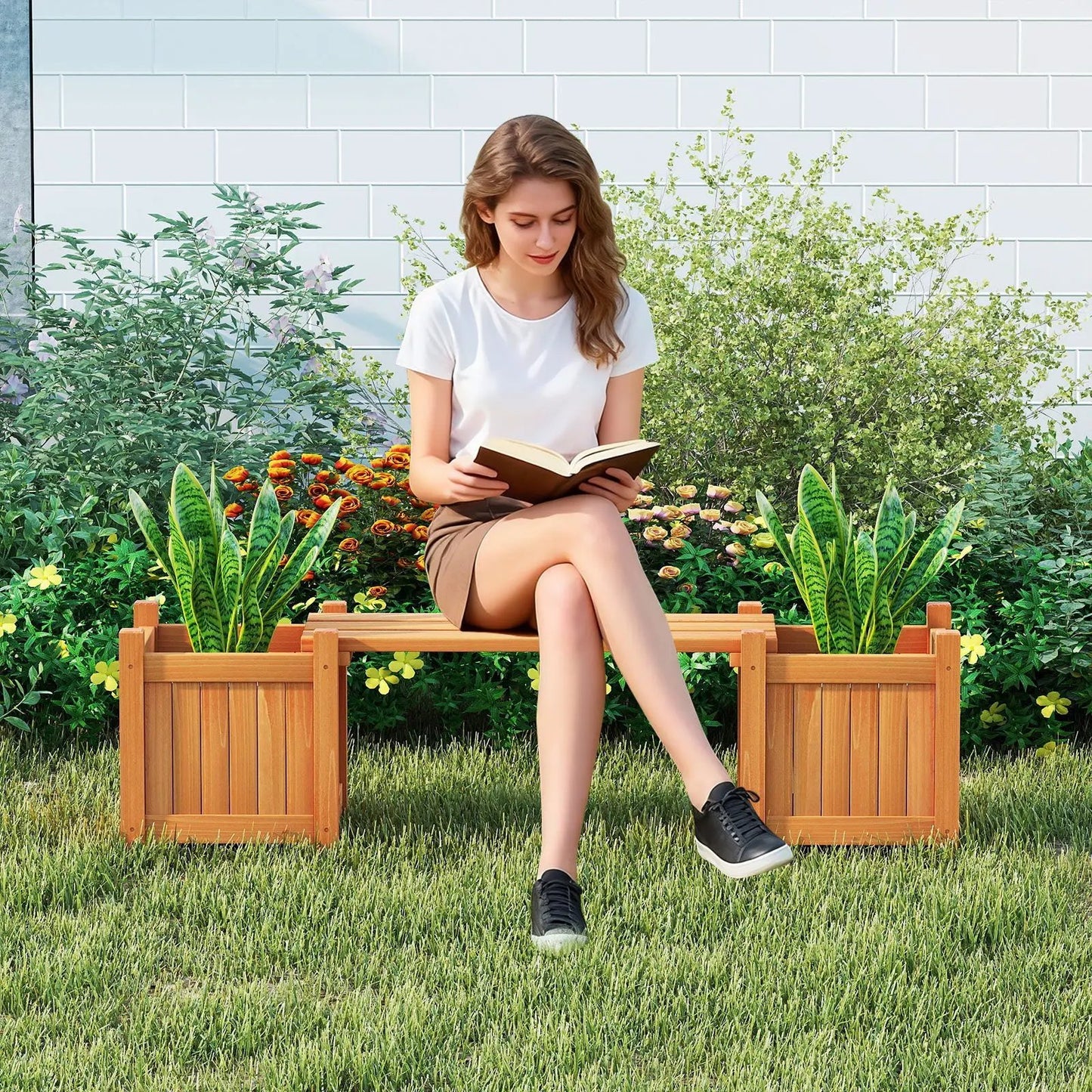 3-in-1 Outdoor Planter Box with Bench orange, 2-person wooden bench with garden beds DirectDeals on Tampa Home & Garden Store