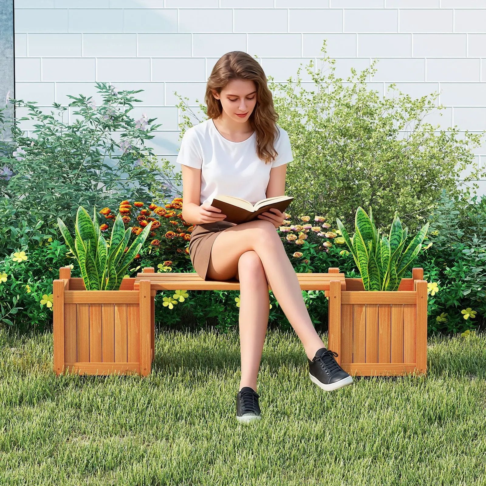 3-in-1 Outdoor Planter Box with Bench orange, 2-person wooden bench with garden beds DirectDeals on Tampa Home & Garden Store