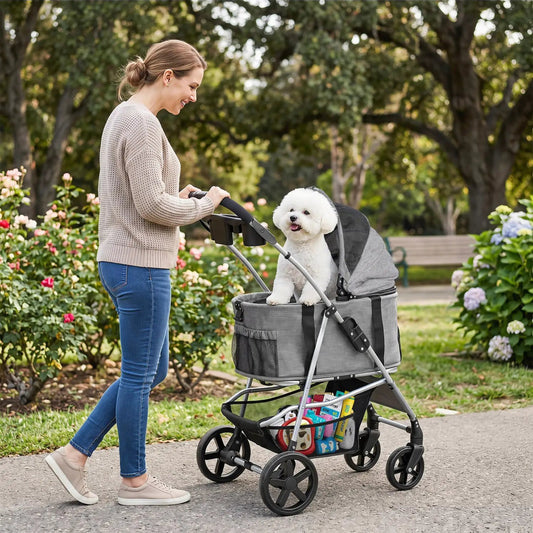 3-in-1 Foldable Pet Stroller DirectDeals gray fabric with mesh canopy and basket dog inside on Tampa Home & Garden Store