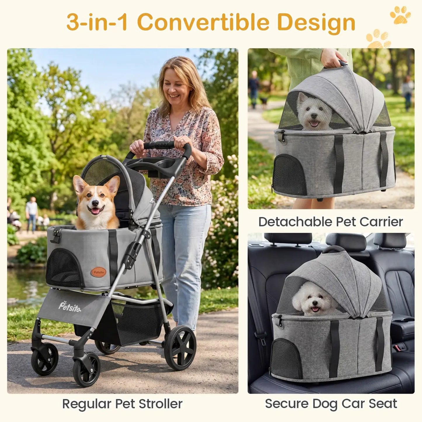 Three In One Foldable Pet Stroller For Small Dogs