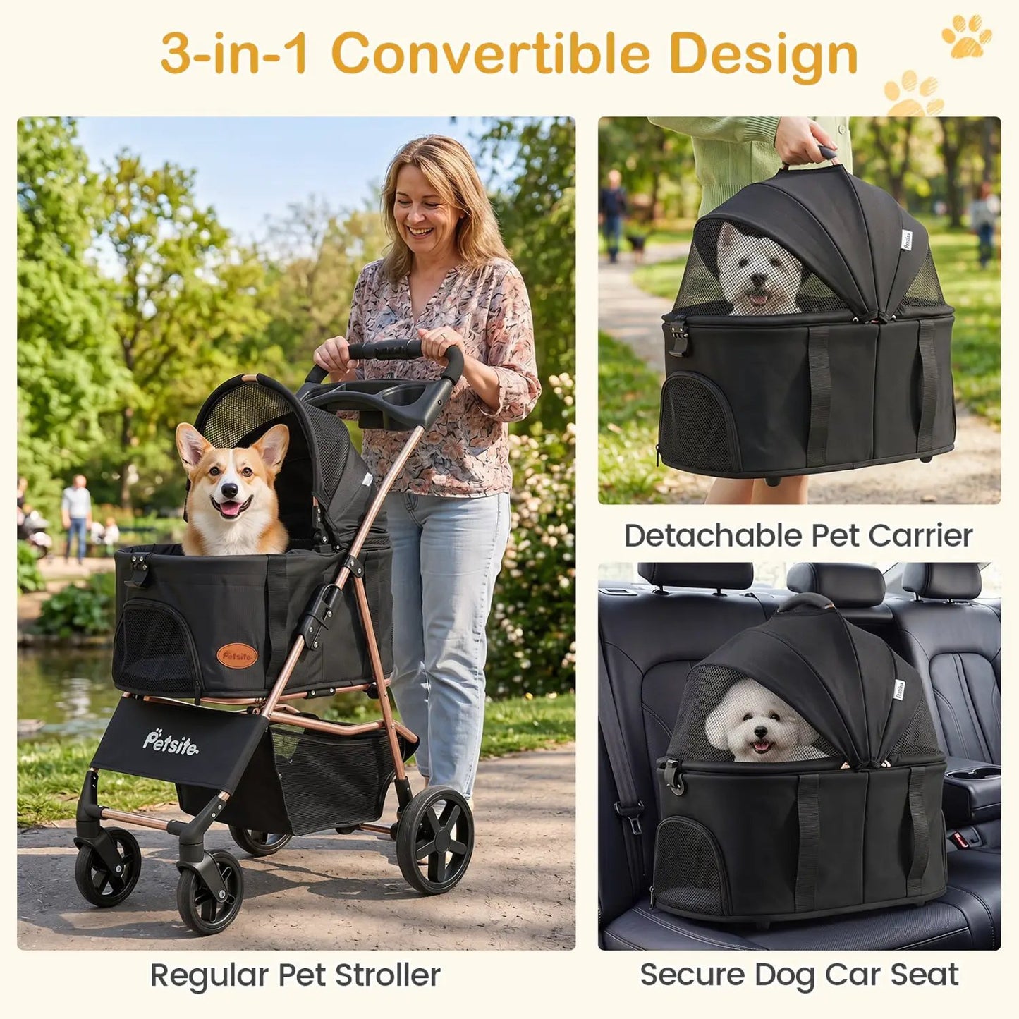 Three In One Foldable Pet Stroller For Small Dogs