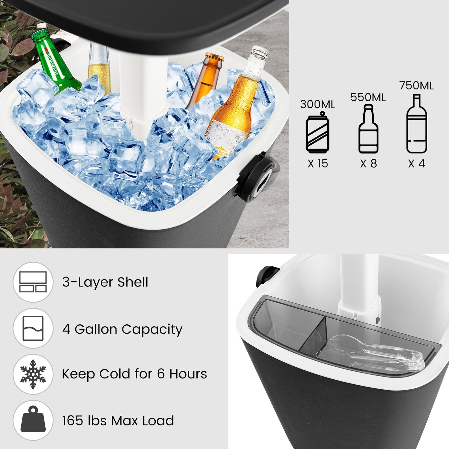 Mesa bar nevera portátil 3 en 1 con abridor de botellas y tapa elevable para camping o piscina - Negro