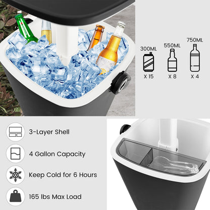 Mesa bar nevera portátil 3 en 1 con abridor de botellas y tapa elevable para camping o piscina - Negro