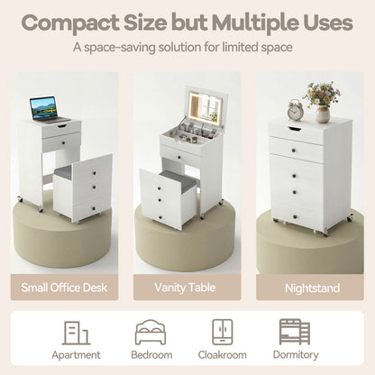 3-in-1 Small Vanity Desk Set with Flip-top Mirror and Lights with Drawers and Stool-White