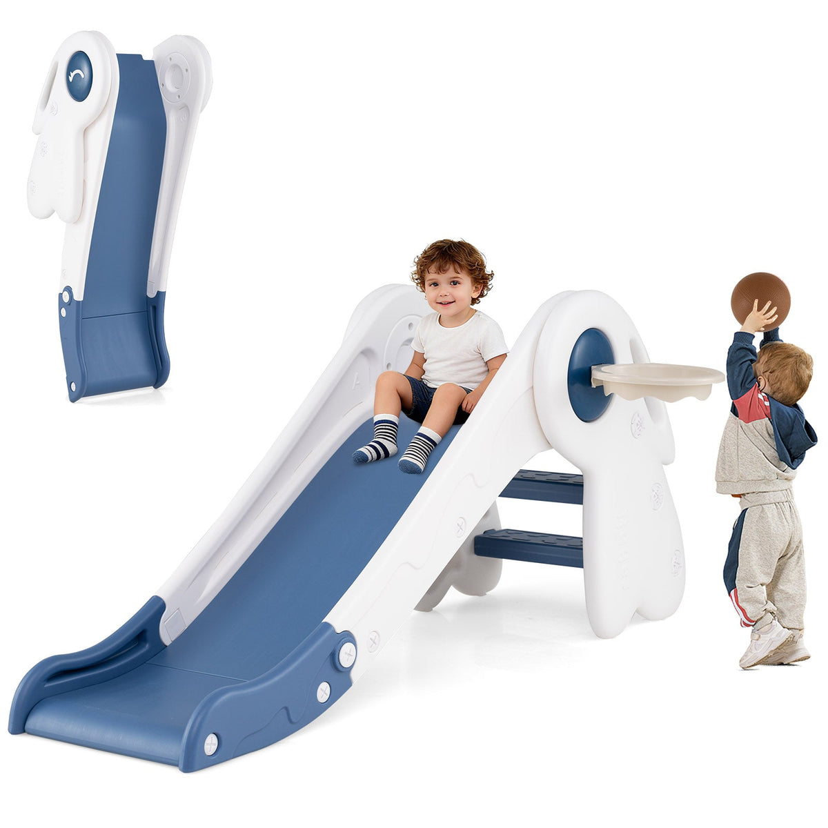 3 in 1 Toddler Slide Climber Playset with Basketball Hoop, white/blue plastic DirectDeals on Tampa Home & Garden Store