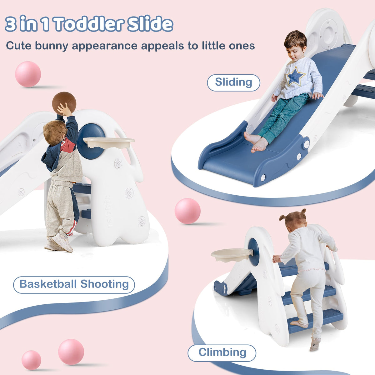 DirectDeals 3 in 1 Toddler Slide Playset with basketball hoop, blue/white climber; 2 kids on Tampa Home & Garden Store