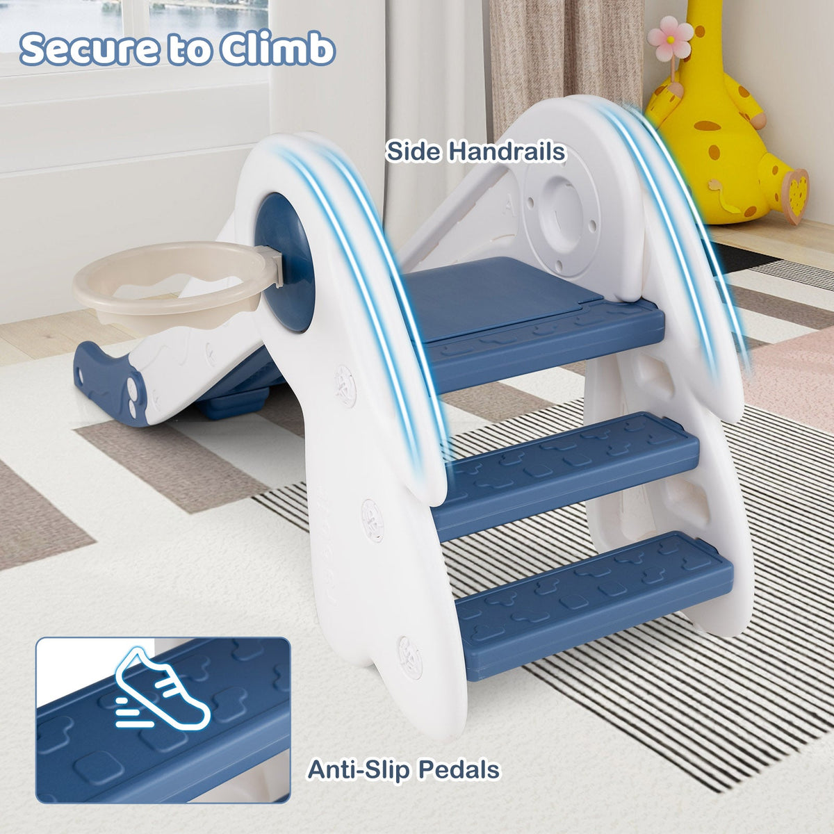 3 in 1 Toddler Slide Climber with Basketball Hoop, side handrails and anti-slip pedals on Tampa Home & Garden Store