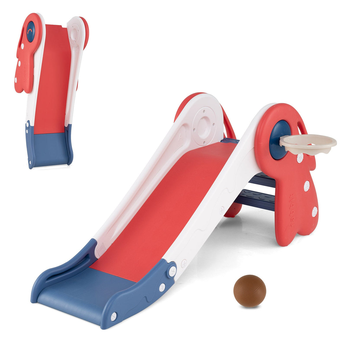 3 in 1 toddler slide playset with basketball hoop, red and blue plastic, DirectDeals, 2 balls on Tampa Home & Garden Store