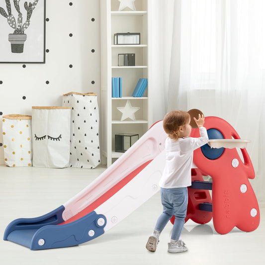 3 in 1 Toddler Slide Playset with basketball hoop and ball, red and blue plastic on Tampa Home & Garden Store