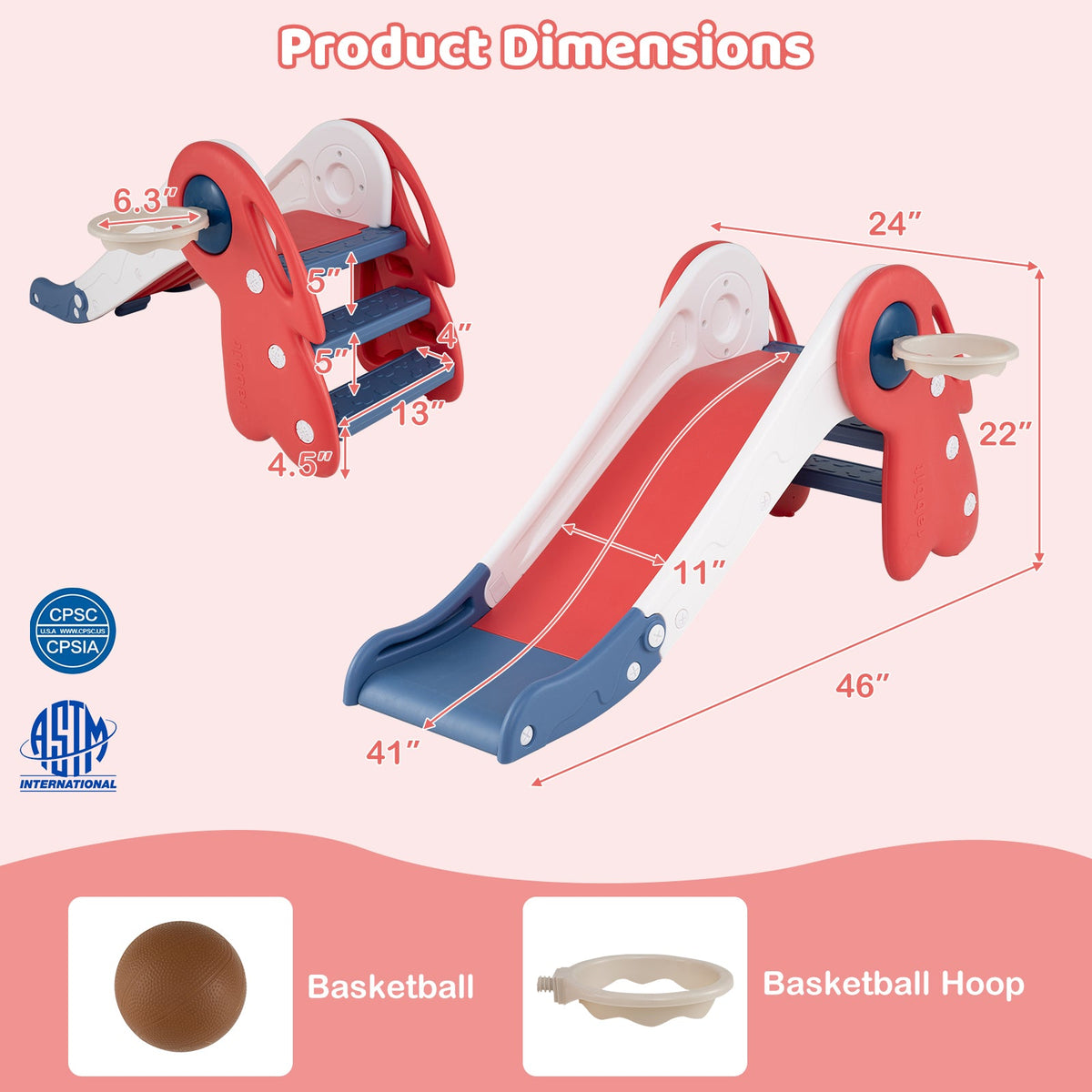 DirectDeals 3-in-1 toddler slide climber playset with basketball hoop and ball, red/white/blue on Tampa Home & Garden Store