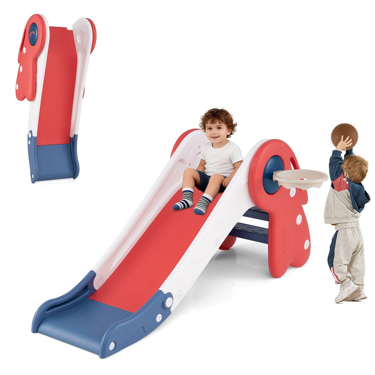 3 in 1 toddler slide climber with basketball hoop; red white blue colors; kids playing on slide on Tampa Home & Garden Store
