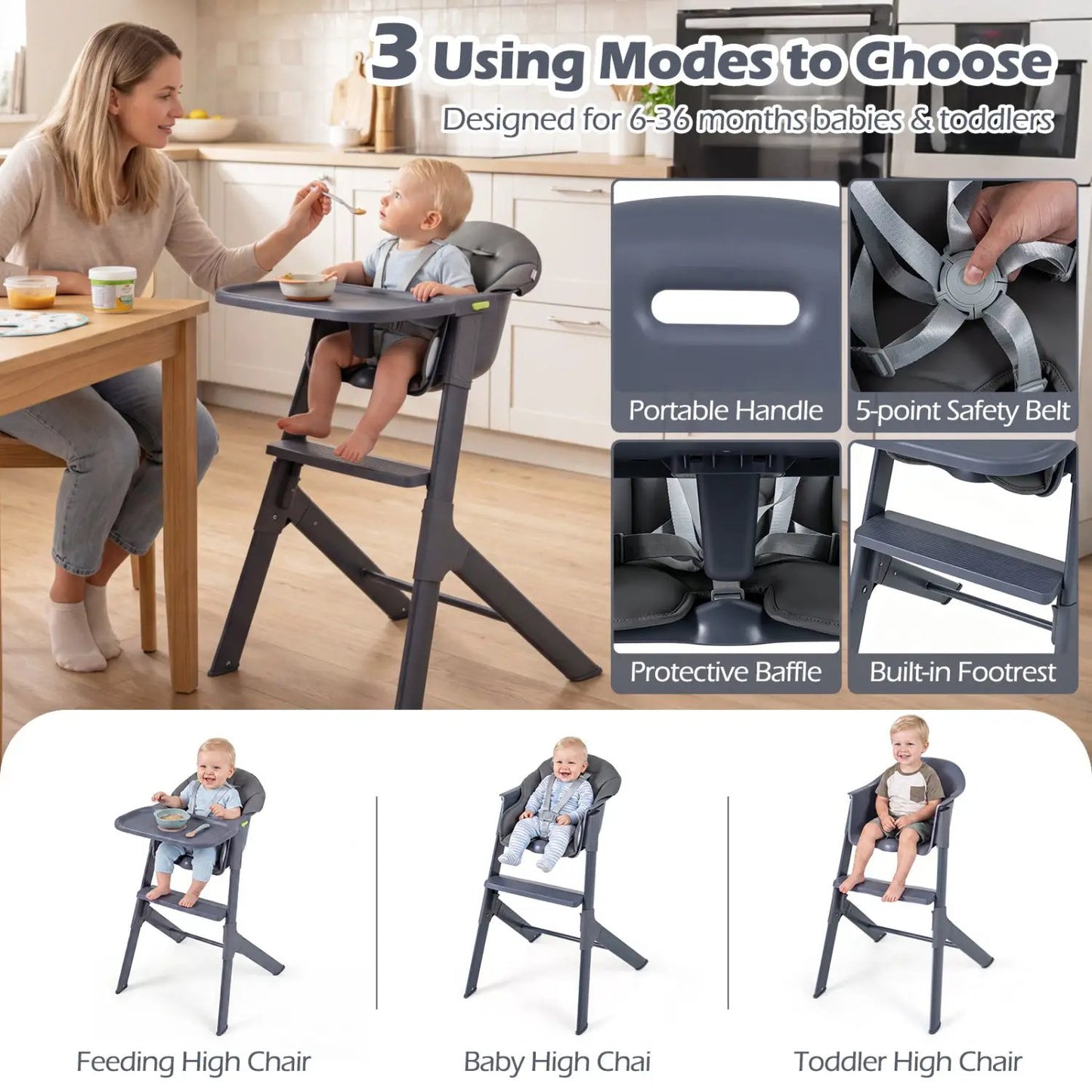 3 in 1 Washable Baby High Chair with Tray