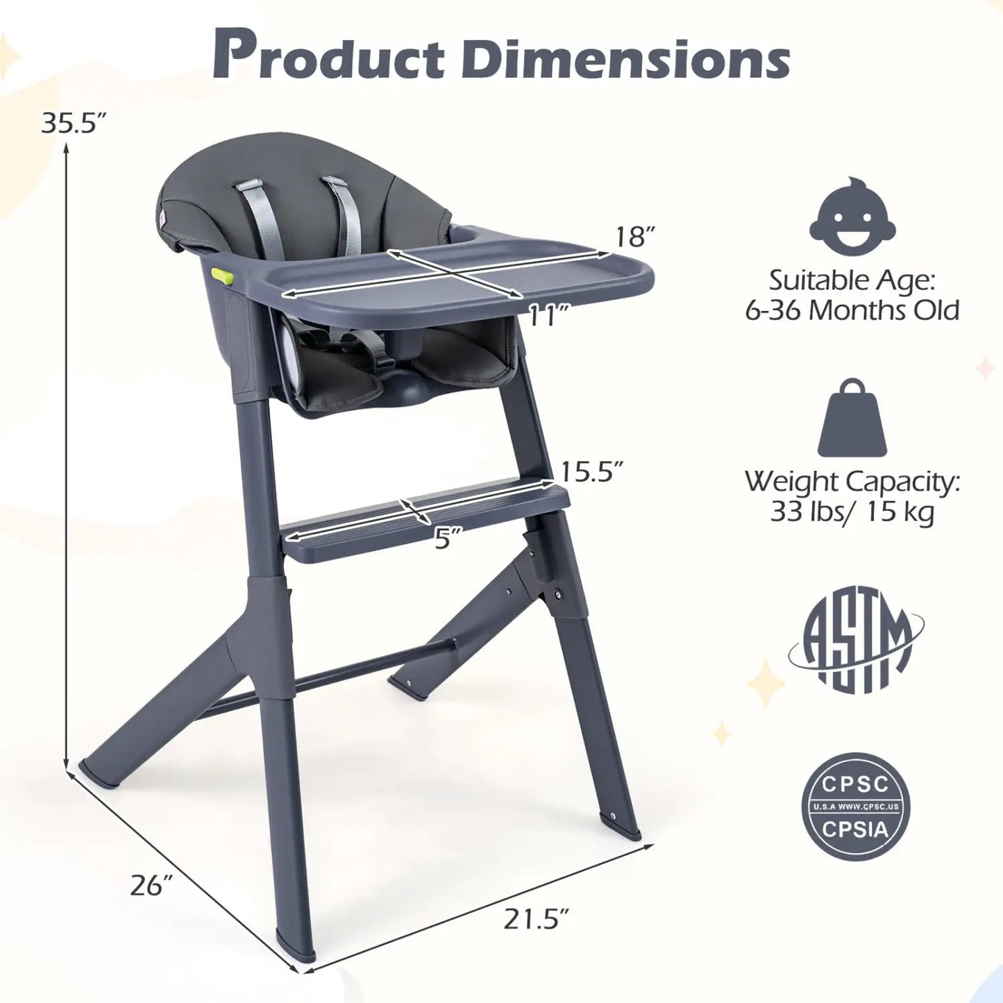 3 in 1 Washable Baby High Chair with Tray
