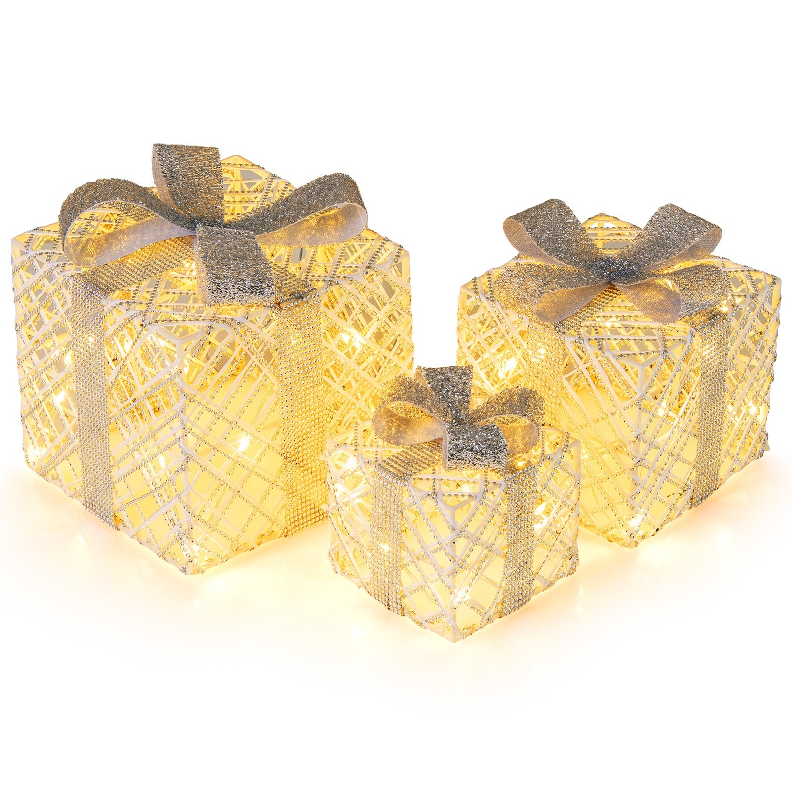 3-pack Christmas lighted gift boxes with 50 LED lights, gold wrap and detachable bows on Tampa Home & Garden Store